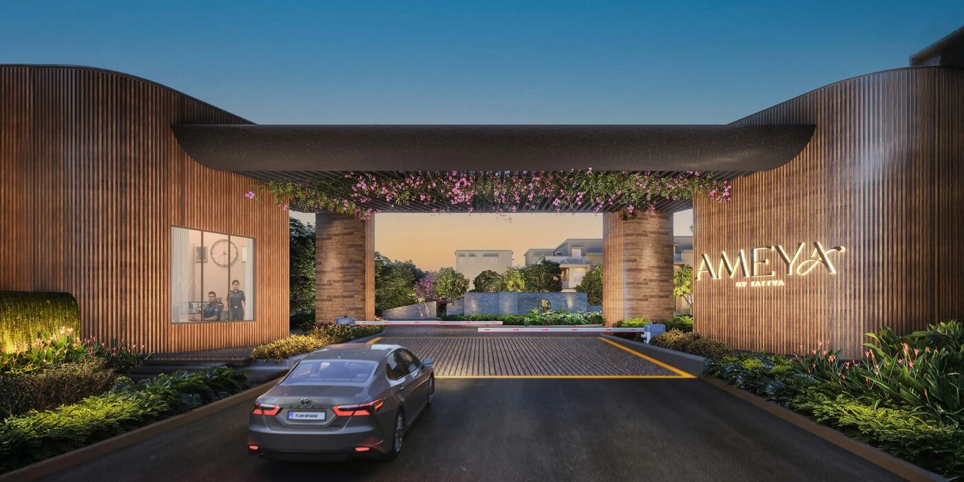Ameya villa entrance with AMEYA signage